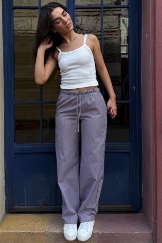 Kahverengi Beli Ayarlanabilir Bol Paça Dökümlü Çizgili Pantolon MG2087