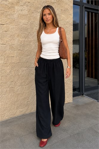 Siyah Beli Büzgülü Wide Leg Kumaş Pantolon MG1950