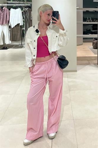 Fuşya Beli Ayarlanabilir Bol Paça Dökümlü Çizgili Pantolon MG2087