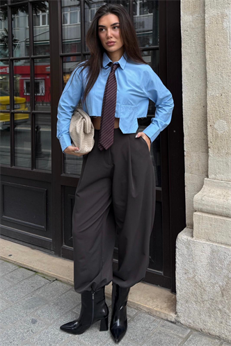 Koyu Kahverengi Pileli Cepli Balon Kadın Pantolon MG2692