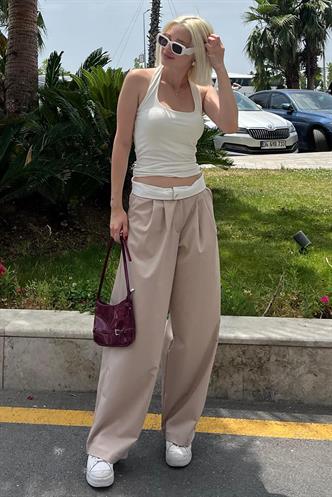 Bej Yüksek Bel Rahat Kesim Bol Paça Pantolon MG2120