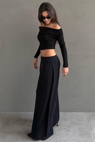 Siyah Yumuşak dokunuşlu, Yanları Pilili, Modal İçeren Geniş Paça Pantolon MG2668