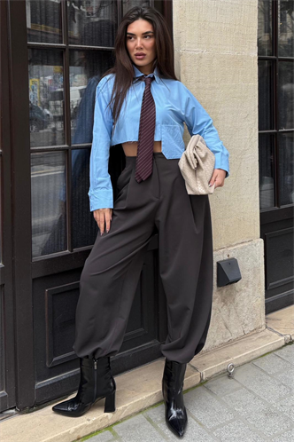 Koyu Kahverengi Pileli Cepli Balon Kadın Pantolon MG2692