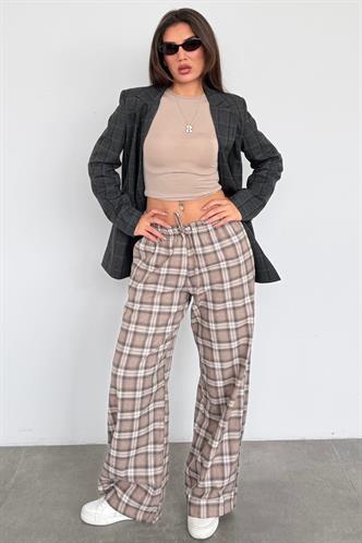 Bej Lastikli Bel Geniş Paça Ekose Pantolon MG2658