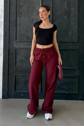 Bordo Beli Büzgülü Wide Leg Kumaş Pantolon MG1950