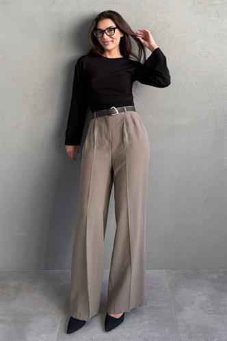 Haki Yüksek Bel Pileli Kemerli Geniş Paça Kadın Pantolon MG2615