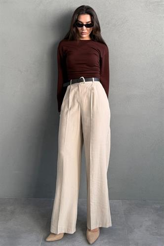 Vizon Yüksek Bel Pileli Kemerli Geniş Paça Kadın Pantolon MG2615