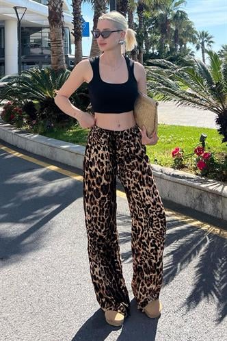 Kahverengi Ayarlanabilir Bel Leopar Desenli Bol Paça Pantolon MG2095