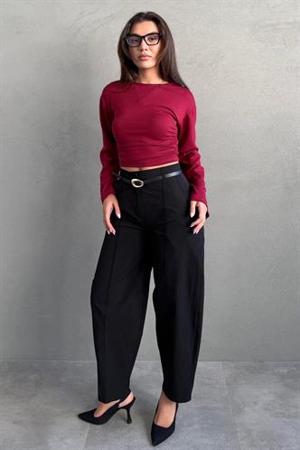 Siyah Modern Kesim Kemerli Yüksek Bel Bol Paça Kumaş Pantolon MG2618