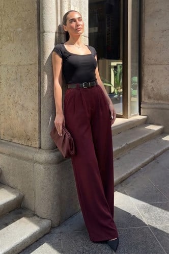 Bordo Çift Pileli Kemerli Pantolon Mg2330