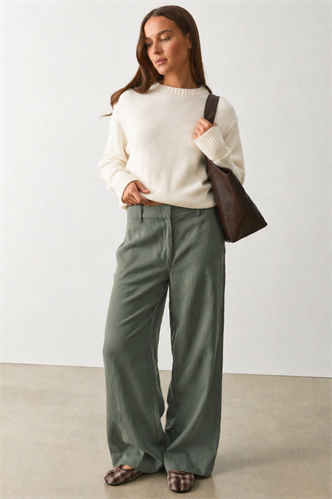 Haki Yüksek Bel Keten Wide Leg Pantolon MG2718
