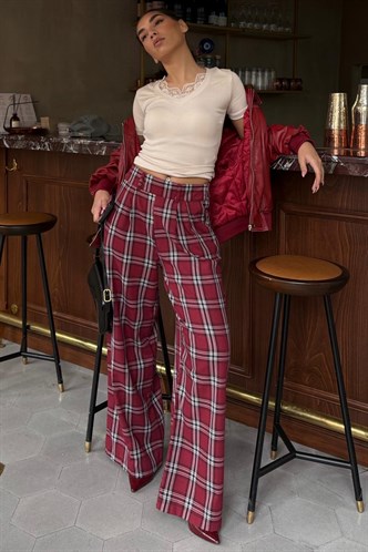 Bordo Kare Desenli Rahat Kesim Pantolon MG2728