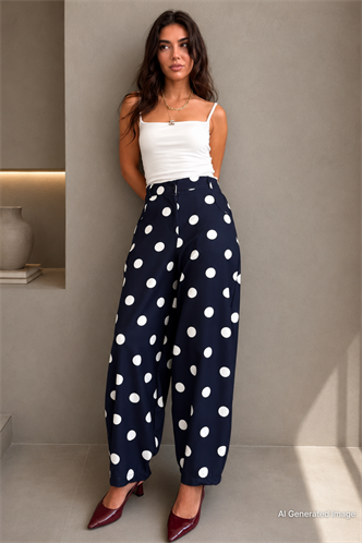 Lacivert Puantiyeli Beli Lastikli Balon Kadın Pantolon MG2886