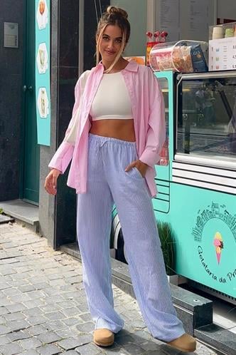 Mavi Beli Ayarlanabilir Bol Paça Dökümlü Çizgili Pantolon MG2087