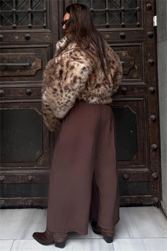 Kahverengi Rahat Kesim Pileli Cepli Kadın Etek Pantolon MG2693