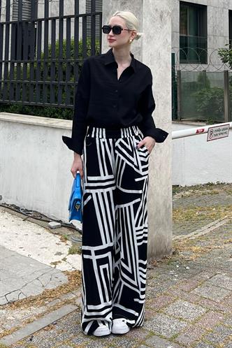 Siyah Desenli Beli Lastikli Bol Paça Pantolon MG2051