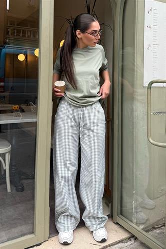 Açık Yeşil Pötikareli Bol Paça Kadın Pantolon Mg2335