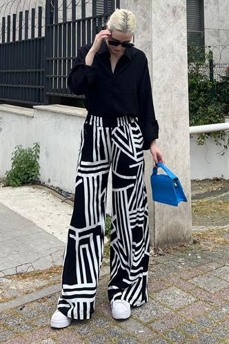 Siyah Desenli Beli Lastikli Bol Paça Pantolon MG2051