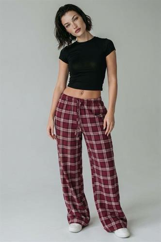 Bordo Lastikli Bel Geniş Paça Ekose Pantolon MG2658