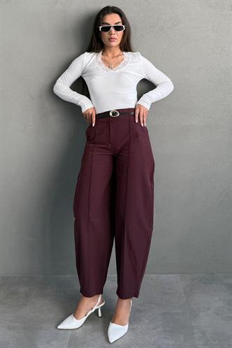 Mürdüm Modern Kesim Kemerli Yüksek Bel Bol Paça Kumaş Pantolon MG2618