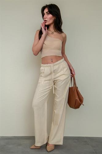 Bej Beli Büzgülü Wide Leg Kumaş Pantolon MG1950