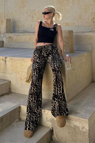 Siyah Ayarlanabilir Bel Leopar Desenli Bol Paça Pantolon MG2095