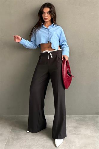 Acı Kahve Çift Bel Bantlı Wide Leg Kadın Pantolon MG2551