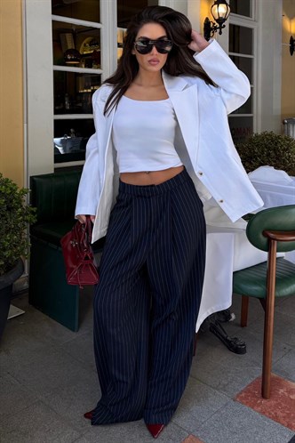 Lacivert Çizgili Yüksek Bel Pileli Kadın Kumaş Pantolon MG2641