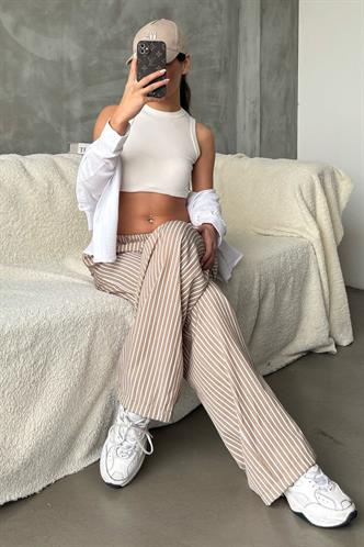 Bej Beli Ayarlanabilir Çizgili Cepli Bol Paça Kadın Pantolon Mg2312
