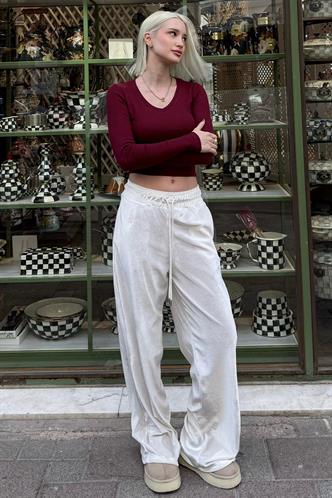 Ekru Bol Paça Kadife Eşofman MG2283