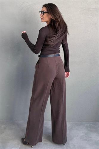 Kahverengi Yüksek Bel Pileli Kemerli Geniş Paça Kadın Pantolon MG2615
