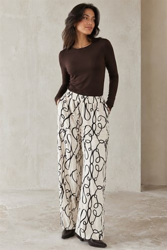 Ekru Desenli Beli Lastikli Bol Paça Pantolon MG2051