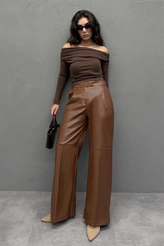 Kahverengi Pensli Palazzo Kadın Deri Pantolon MG2612