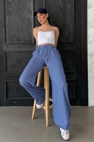 Lacivert Beli Ayarlanabilir Çizgili Cepli Bol Paça Kadın Pantolon Mg2312