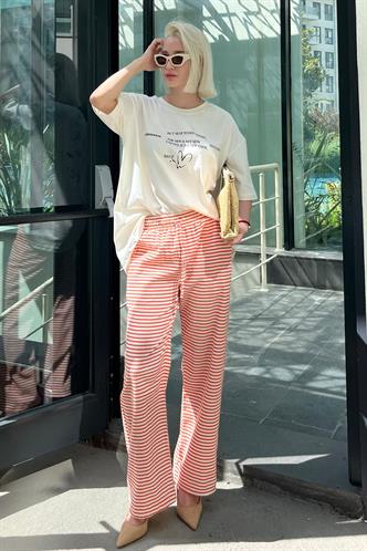 Turuncu Beli Ayarlanabilir Pamuklu Bol Paça Dökümlü Çizgili Pantolon MG2133