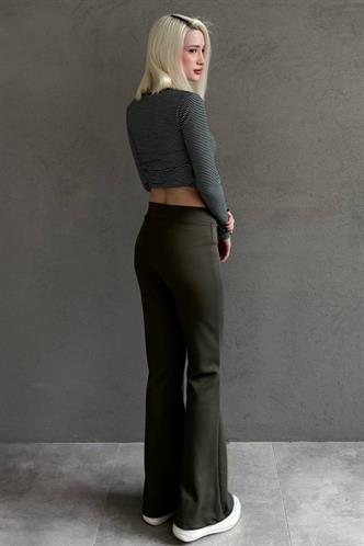 Haki Yüksek Bel Flare Paça Şık Günlük Kadın Tayt MG2645