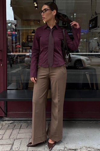 Vizon Çizgili Geniş Paça Normal Bel Kemerli Pantolon MG2735