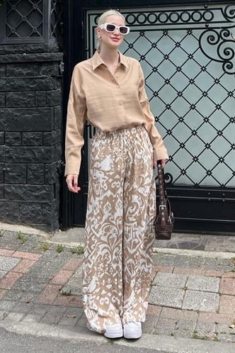 Vizon Desenli Beli Lastikli Bol Paça Pantolon MG2051