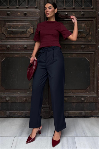 Lacivert Pens Detaylı Kapaklı Düz Paça Kumaş Pantolon MG2642