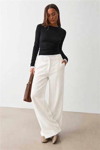 Beyaz Yüksek Bel Keten Wide Leg Pantolon MG2718