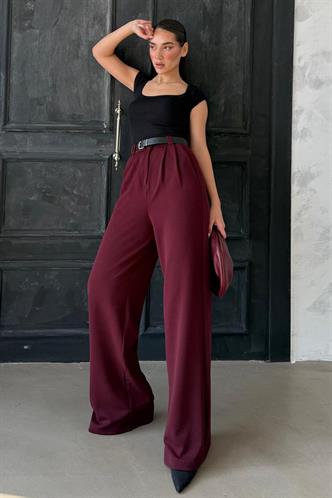 Bordo Çift Pileli Kemerli Pantolon Mg2330