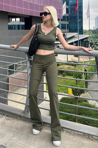Haki Beli Fitilli Yüksek Bel İspanyol Paça Tayt MG2096
