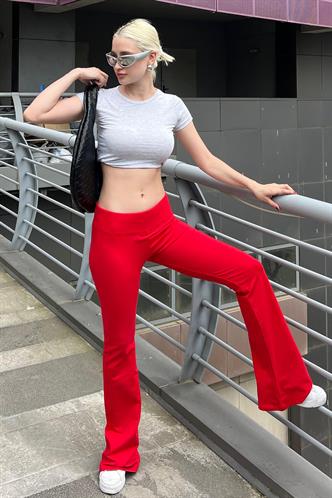 Kırmızı Beli Fitilli Yüksek Bel İspanyol Paça Tayt MG2096