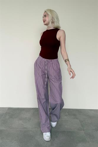 Bordo Beli Ayarlanabilir Bol Paça Dökümlü Çizgili Pantolon MG2087