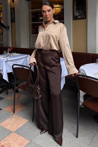 Acı Kahverengi Geniş Paça Şık Saten Pantolon MG2736