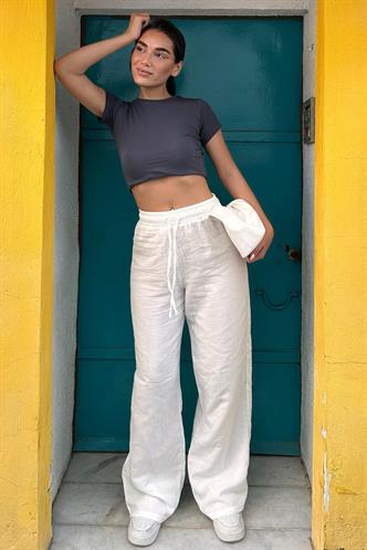 Beyaz Bol Paça Müslin Kadın Pantolon MG1980
