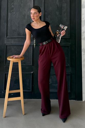 Bordo Çift Pileli Kemerli Pantolon Mg2330