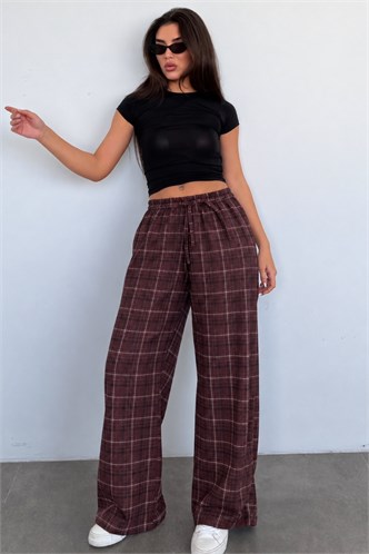 Bordo Lastikli Bel Geniş Paça Ekose Pantolon MG2658