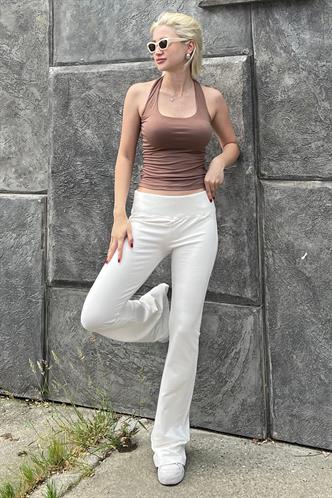 Ekru Beli Fitilli Yüksek Bel İspanyol Paça Tayt MG2096