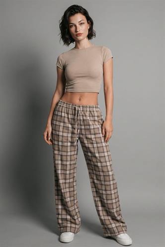 Bej Lastikli Bel Geniş Paça Ekose Pantolon MG2658